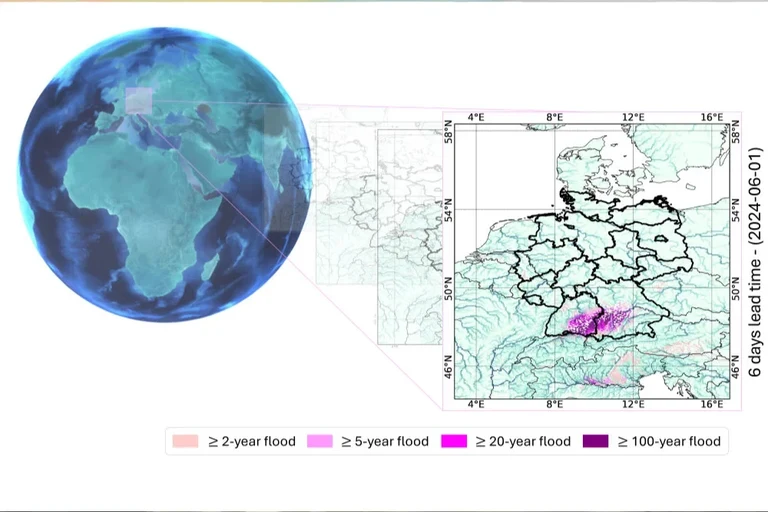 Hochwasserprognose mit dem KI-Modell „RiverMamba“: - Anfang Juni 2024 kam es zu Jahrhunderthochwassern in Süddeutschland. RiverMamba kann ein solches Extremereignis sechs Tage im Voraus vorhersagen.