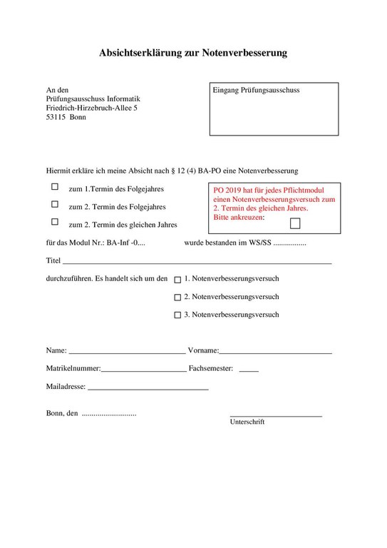 Anmeldung Versuch Notenverbesserung