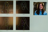 Before Steve can draw the young woman, a camera captures her silhouette and face and abstracts them.