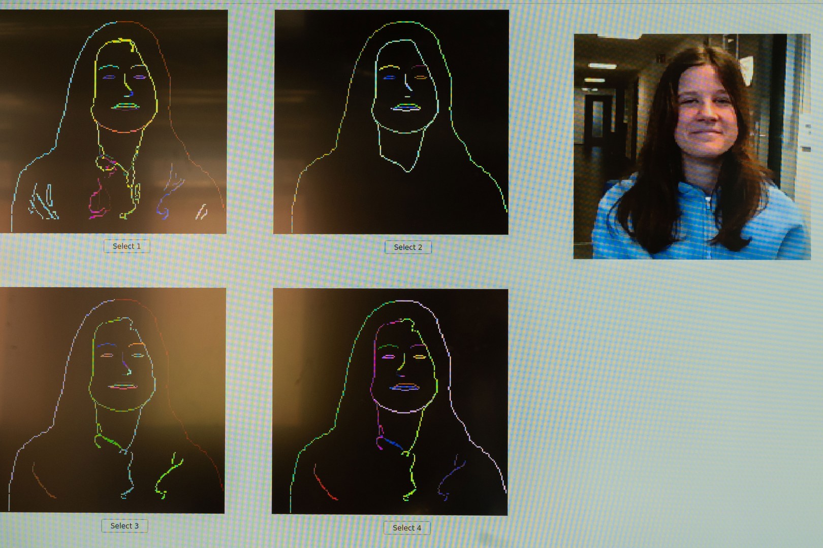 Before Steve can draw the young woman, a camera captures her silhouette and face and abstracts them.