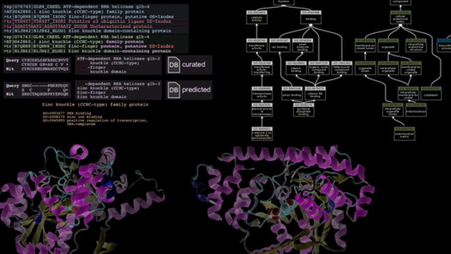 Protein Function Prediction Eine Wissenschaftlerin und ein Wissenschaftler arbeiten hinter einer Glasfassade und mischen Chemikalien mit Großgeräten.